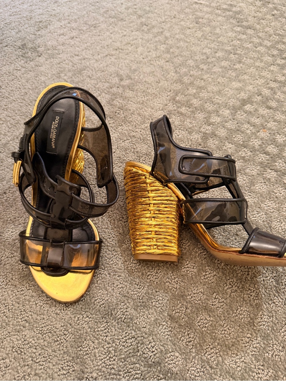 Dolce & Gabbana Black Strappy Sandals with Gold Woven Block Heels 38 1/2